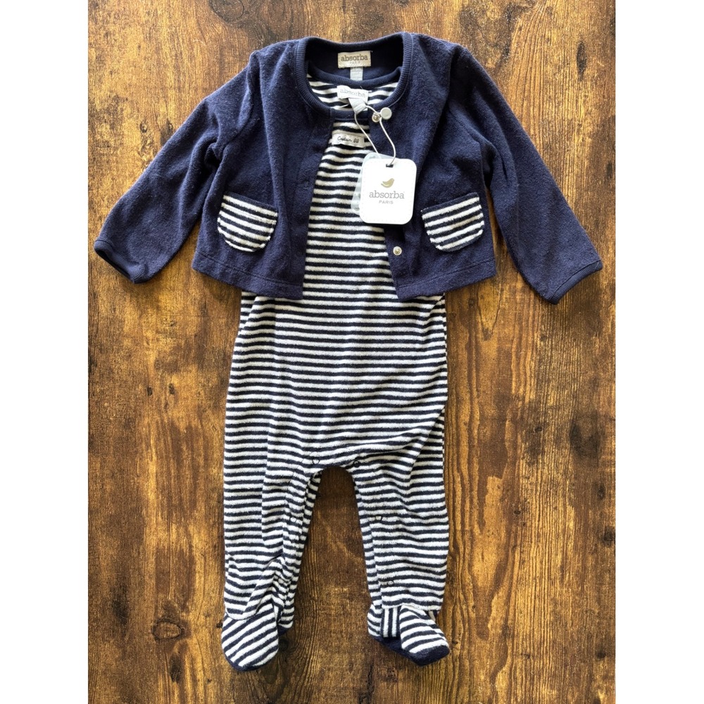 Absorba Paris Baby 2 Piece Set Navy Blue Cardigan Striped Footed Sleeper NWT